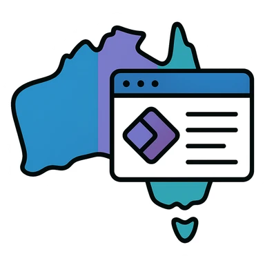 Add Microsoft Power Pages brand colors (blue, purple, teal) to the map of Australia with digital web page overlay, keep the modern and techy look, no text sticker