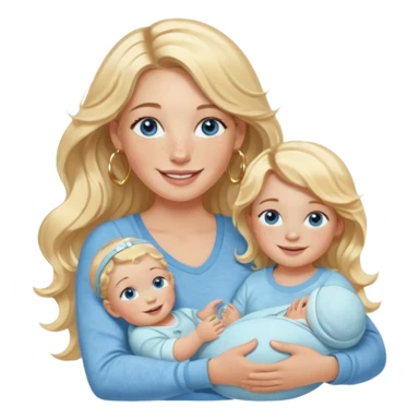 Wavy blonde, white woman with blue eyes, freckles hoop earrings, holding babies smiling and really cute in gold hoops she needs to be holding three newborns, and she needs to be more cute than pretty sticker