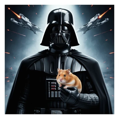 Extreme Closeup Photo of a darth vader holding big hamster, low key light, explosion startship background with leading lines, back light, spot light sticker