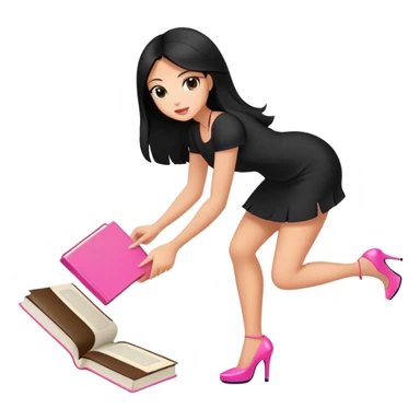 Bimbo in heels in black mini dress, long black hair tanned skin, pick up pink book from ground, sticker