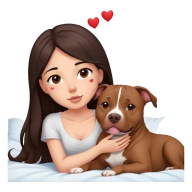 A pretty girl with long dark hair layered  cascading down her face sits on the bed with her brown pit bull  laying beside of her heart is flying all around sticker