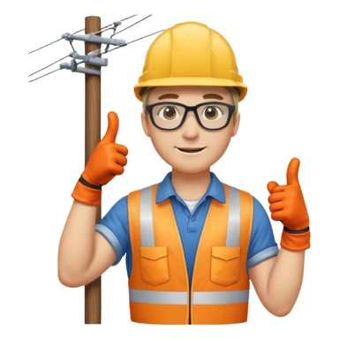 Un electricista en el poste de luz con todos sus implementos de seguridad haciendo like sticker