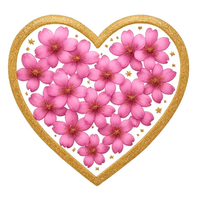 Add a shimmer effect to the gold and silver sparkles on the heart surrounded by sakura petals in the style of apple emojis, no background. sticker