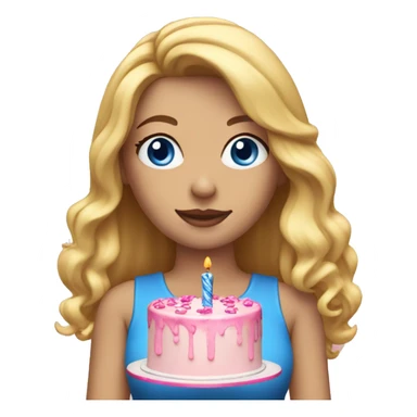 Woman with long blonde hair and blue eyes holding a pink birthday cake  sticker