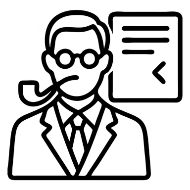 minimal icon of a serious elegant scholar with pipe, glasses, suit, standing before a document with stylized writing hinting at AI chat window, scalpel motif present, color palette inspired by vintage libraries and Cambridge, sophisticated and technical sticker