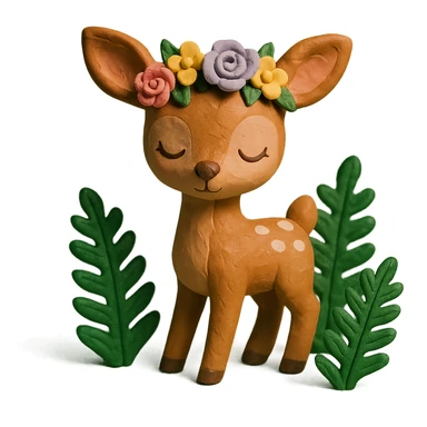 baby deer with a flower crown, surrounded by ferns, claymation style sticker