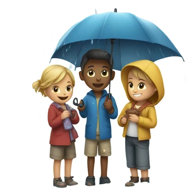3 kids with a umbrella playing with a paper ship in the rain sticker