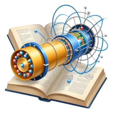 An icon featuring a physics textbook, a large Hadron Collider with particles flying off, symbolizing the study of physics. The design includes atomic models, energy waves, and scientific formulas, representing fundamental physical principles and research. Transparent background. sticker