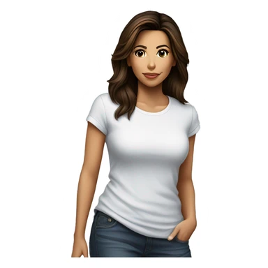 3/4 face, contrasted, shadow, light, Eva Longoria expression, standing from a distance, thin nose, brunette woman, hazel eyes, long eyelashes, dark shoulder shaded hair, white t-shirt, jeans, white sneakers sticker