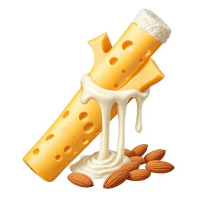 A glowing white bone surrounded by calcium-rich foods: shredded cheese, natural yogurt, sesame seeds and almonds beside a single bone sticker