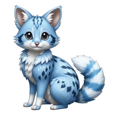 Hyper realistic  glacier-blue fur edged in frost-crystal lace and diamond sparkle dust beautiful elegant pretty precious cute  Fakémon-Pokémon-opossum-feline-serval-caracal-chinchilla-Furret-Minccino-hybrid-creature with a big fluffy bushy tail (full body) sticker