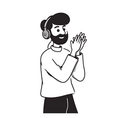 Anime style man with black hair, brown eyes, and black beard wearing gaming headset and clapping in celebration, anime art style sticker