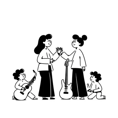 Two musicians of the same gender giving each other a friendly side hug, professional greeting, fraternal embrace, smiling, musical instruments nearby, colleagues congratulating each other sticker