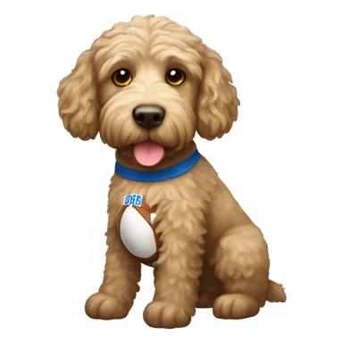 Labradoodle wearing a football jersey sticker