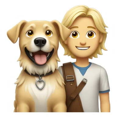 smiling blonde boy with beard and long hair with dog indoors sticker