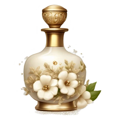 Vintage perfume bottle in antique Greek style, white and beige, oil perfume inside, sequins and flowers fluttering around sticker