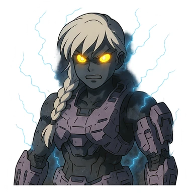 female, wearing reach spartan armor shoulder-unequip, long white braid hair with massive messy front side single bangs, gold yellow eyes, attention pose, D-cup size, HALO:series, no helmet, the armor is lavender color scheme, eyes glowing, demon eye, gleam, rage aura, body steaming dark gray, blue electricity, mouth clowed scowling sticker