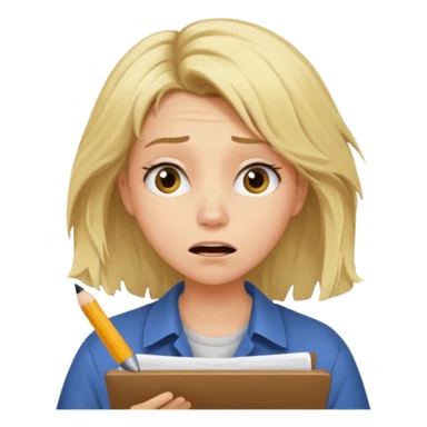 young blonde disheveled hair woman is writing an exam in panic sticker