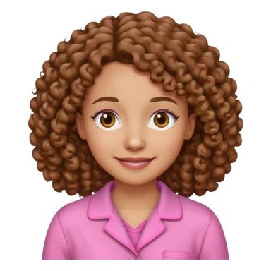 smiling woman with curly brown hair wearing pink pajamas, iPhone emoji style sticker