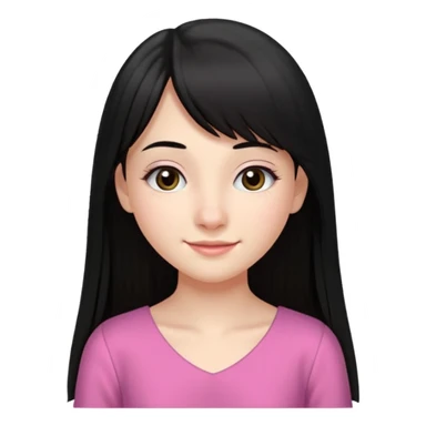 Cabelos pretos longos lisos ,olhos castanhos escuros puxadinho para cima com cílios grandes Pele clara ,nariz pequeno ,lábios mais carnudos ,adolescente 16 anos , com vestido de alinhamento rosa. Cabelo repartido ao meio com franja na altura do nariz  sticker