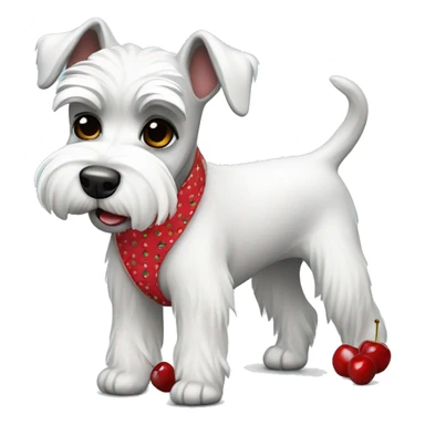 White fun mini schnauzer wearing pants with cherries sticker