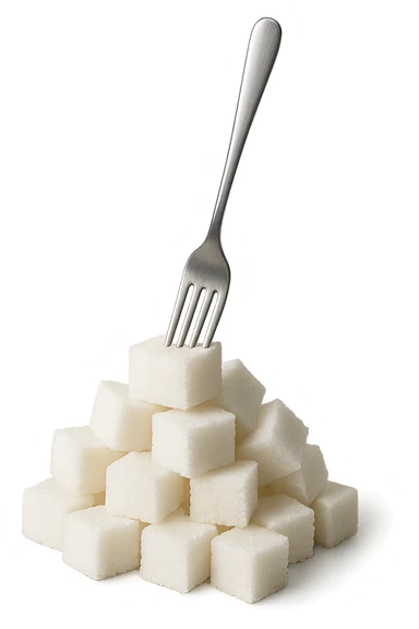 monagna di zollette di zucchero con una forchetta appizzata sopra, iperrealistico 4k sticker