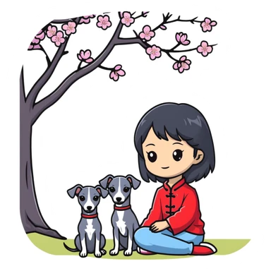 A young Chinese girl with long black hair and a pure dark grey Italian Greyhound with absolutely NO white markings anywhere on its body sitting under a cherry blossom tree. The dog must be completely solid dark grey with no white on muzzle, paws, or chest. sticker