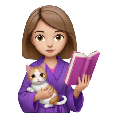 Девушка с короткими волосами до плеч русого цвета, с черными бровями, карие глаза, у неё фиолетовый халат, стоит в полный рост, в руках она держит розовую книгу, а возле ноги кот  sticker