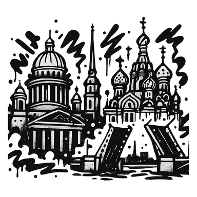 Сделай png рисунок Санкт-Петербурга в стиле граффити. Граффити черно-белое. Надписи не делай.  sticker