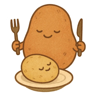 a potato holding fork and knife eating another potato, funny and cartoonish style with Turkish humor influence sticker