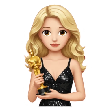 blonde model, brown eyes, long wavy hair, oscars red carpet, black sequin, holding oscar sticker