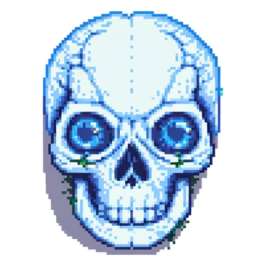crying skull, pixel art style, single blue tear, minimal pixel art sticker