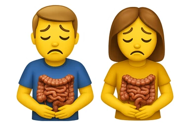 emoji stile iphone di un uomo e una donna con espressione triste ed intestino realistico, mal di pancia,ù iperrealistico 4k sticker