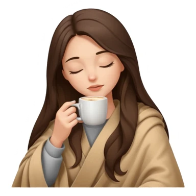 Brunette girl long hair inside a beige blanket sipping coffee eyes closed sticker