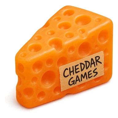 hyper-detailed clear transparent orange cheddar cheese block with Swiss holes, no background, 90's toy plastic texture, soft and squishy, cloudy, not shiny, glowing a little, retro and appealing, 'Cheddar Games' written sharply and messily on tape on the side, extremely high quality, looks like a gummy sticker