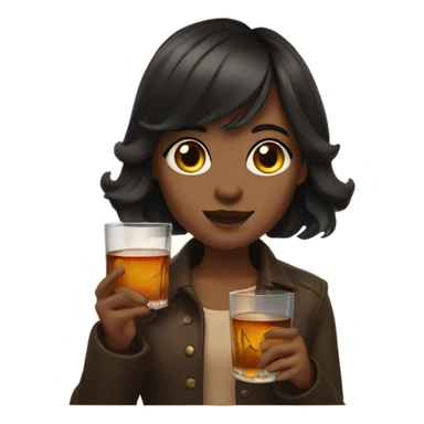 A dark haired girl with slightly wavy hair and bangs holding a glass of whiskey sticker