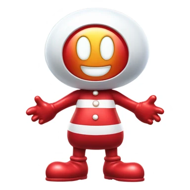 Very shiny full body character with pill capsule head with retro antennae and jetsons aesthetic  puffy body and welcoming waving Mickey Mouse arms braun Japanese inspired Anpanman with big boots and antennae red and white colors only sticker