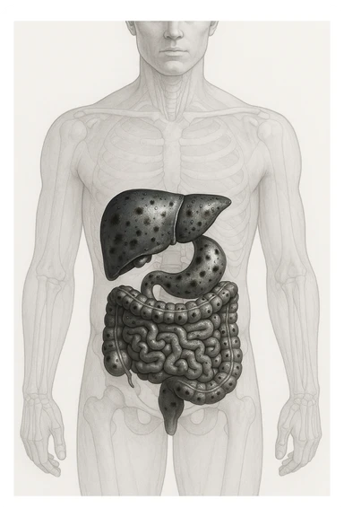 fegato e intestino intossicato da metalli pesanti su un corpo umano in 3D sticker