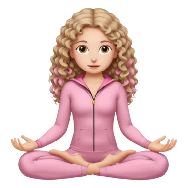 Girl with long curly fair hair and hazel eyes with а mole to the left of the lips in a light pink sport suit sitting in a lotus pose. sticker