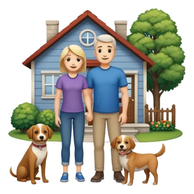 1 Father 1 Mother and 1 young boy who is half as tall as the parents, standing in front of their house with a dog next to them. Everyone should look VERY happy sticker