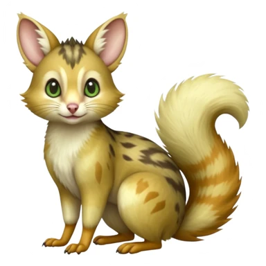  hyper-realistic green-gradients and white and golden natural realistic divine beautiful elegant pretty precious cute young youthful  Fakémon-Pokémon-alien-opossum-squirrel-feline-serval-caracal-chinchilla-Minccino-Cinccino-Meowstic-rodent-hybrid-creature with a big fluffy bushy tail (full body) sticker