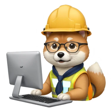 shiba inu with eye glasses and computer wearing a hard hat sticker