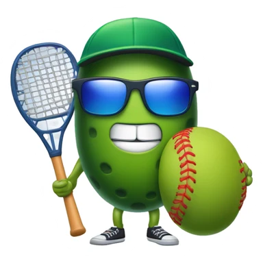 pickle with legs, wearing a jersey, mouth smiling, wearing baseball cap, holding a solid red paddle ball racket, blue backgound, wearing sunglasses sticker