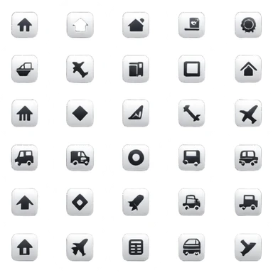 square minimal icons, space semiotic, black print on white background, square outline icons, minimalist symbols, transportation, economy, engineering, industry. Designed for signage.  sticker