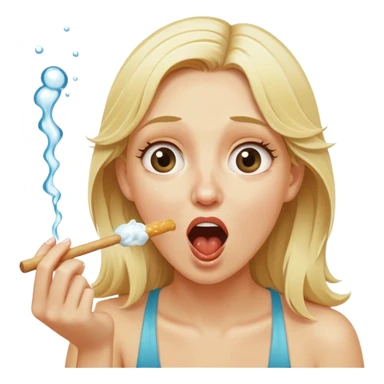 blond woman eating a wide stick the same color as her skin, with a bite taken out of the edge, water stream squirting directly from the stick into her open mouth, surprised expression sticker
