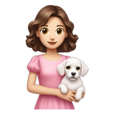 girl brunette hold on the hand small white puppy in pink dress sticker