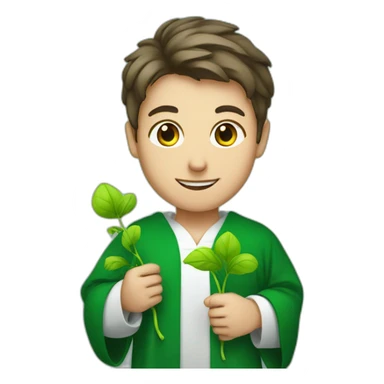 a European-looking student in a green robe with a sprout of green in his hands sticker