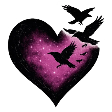 emo heart with pink night sky and dark ravens, remove background sticker
