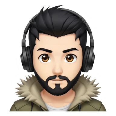 Highly detailed anime-style man with spiky black hair, expressive brown eyes, neat black beard, wearing professional gaming headphones, sharp facial features, anime shading and highlights sticker