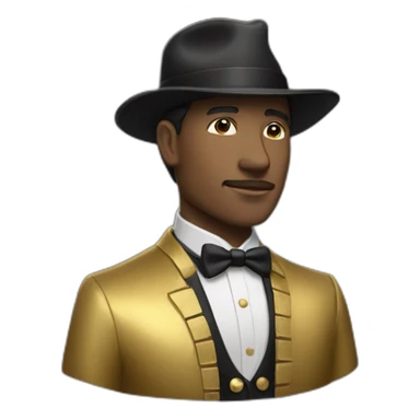 man with a black and white hat and golden jacket sticker